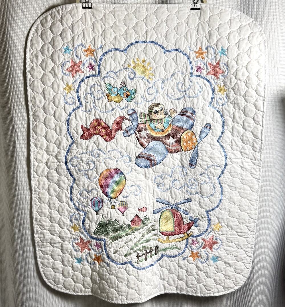 Vtg Cross Stitch Baby Blanket Quilt Herrschners Up Up & Away 33x42" Dog in Plane